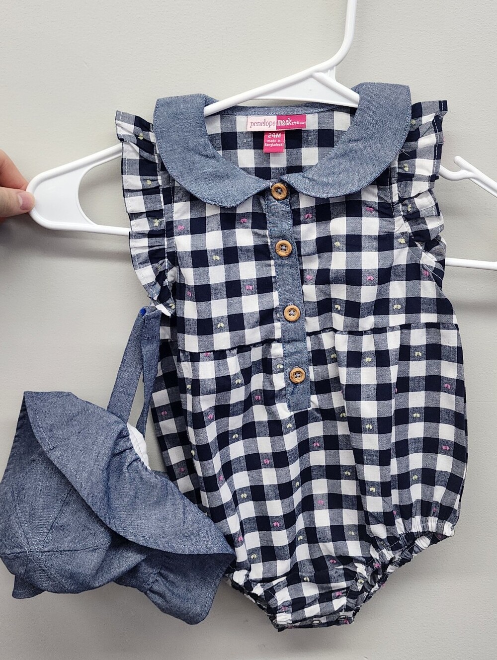 Penelope Mack 24M Gingham Bubble Romper + Matching Sun Hat
